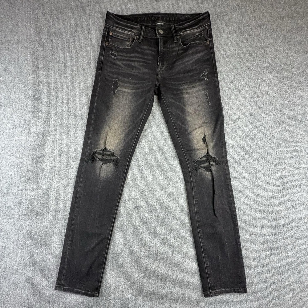 American Eagle Mens 32x30 Black Next Level Flex Skinny Distressed Jeans